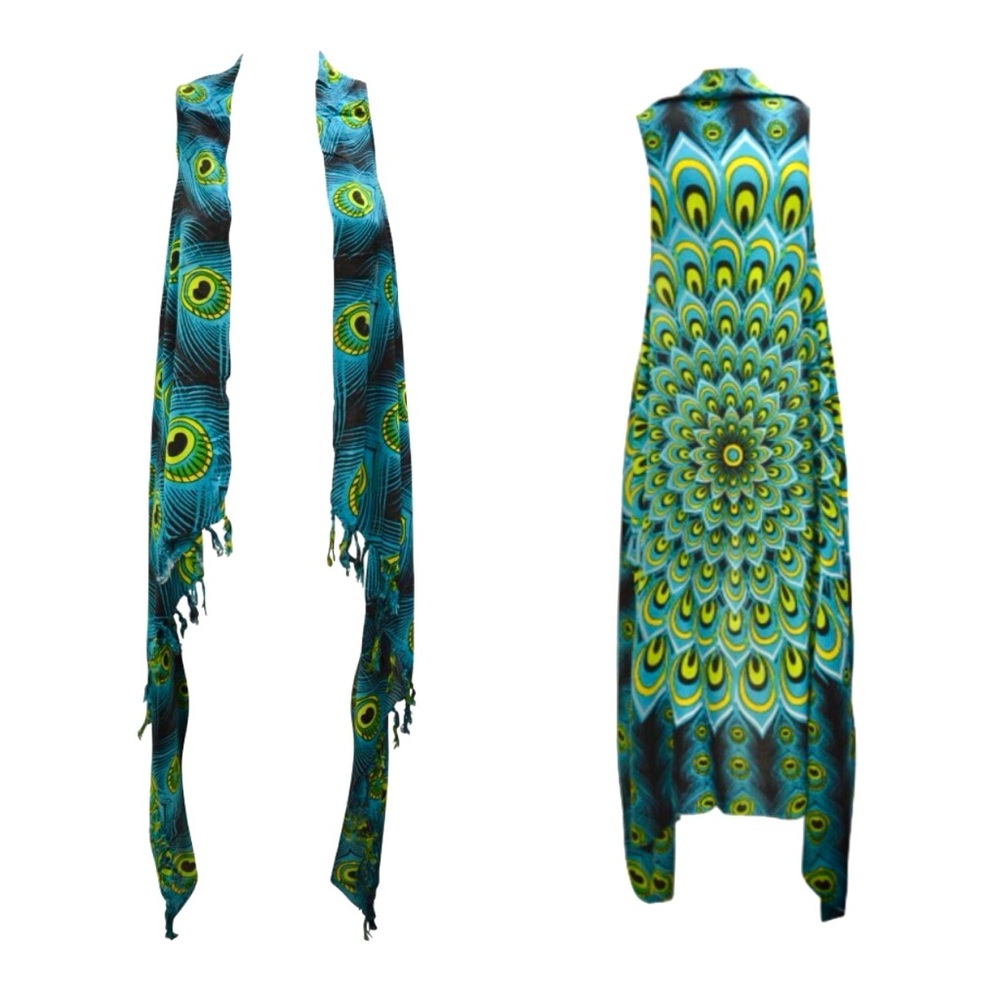 Peacock print sleeveless kimono